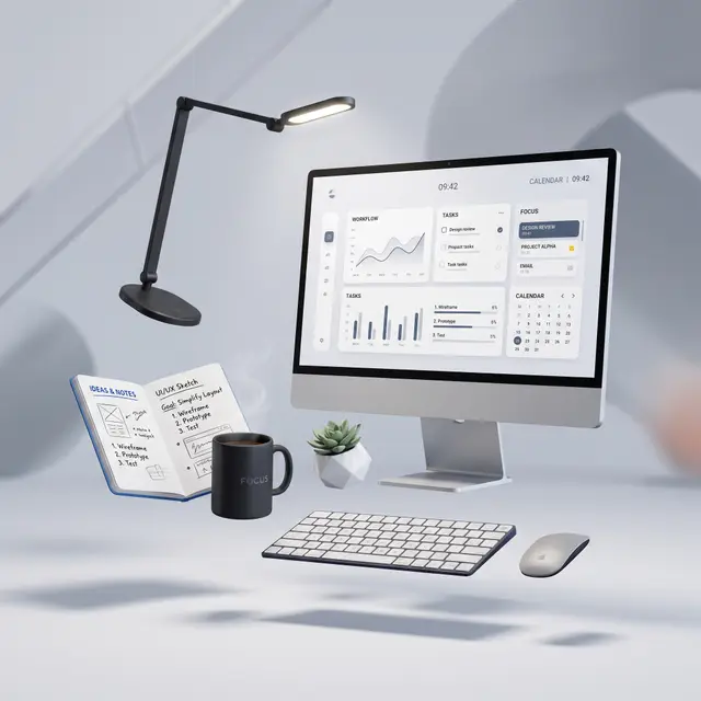 Modern desk setup with a monitor, keyboard, mouse, lamp, notebook, mug, and plant