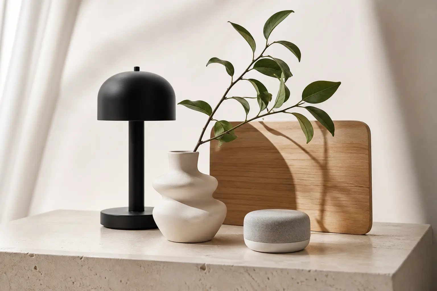 Minimal home gadgets and decor with a black lamp, ceramic vase, wooden board, and smart speaker