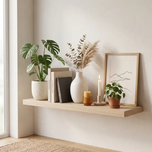 Minimal home decor with plants, books, ceramic vases, candles, and framed wall art