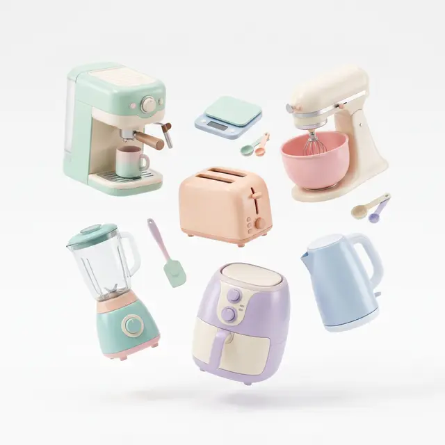 Pastel coffee maker, mixer, toaster, blender, kettle, and air fryer kitchen gadgets