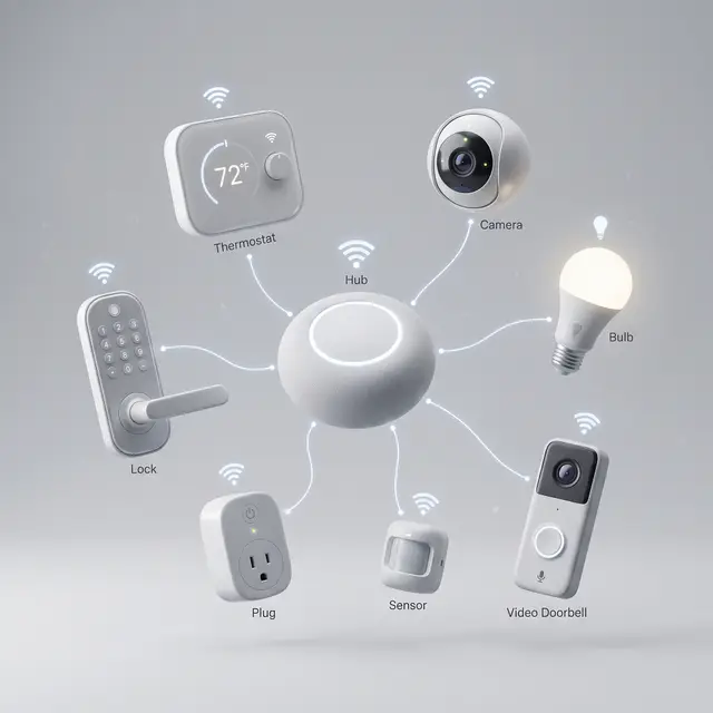 Connected smart-home hub, thermostat, camera, lock, lights, plug, sensor, and doorbell